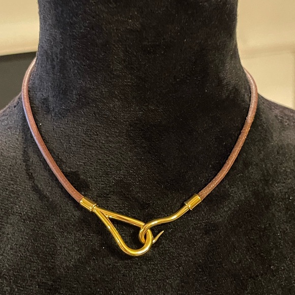 Hermès Jumbo Hook Gold and Brown Leather Choker Necklace🪝